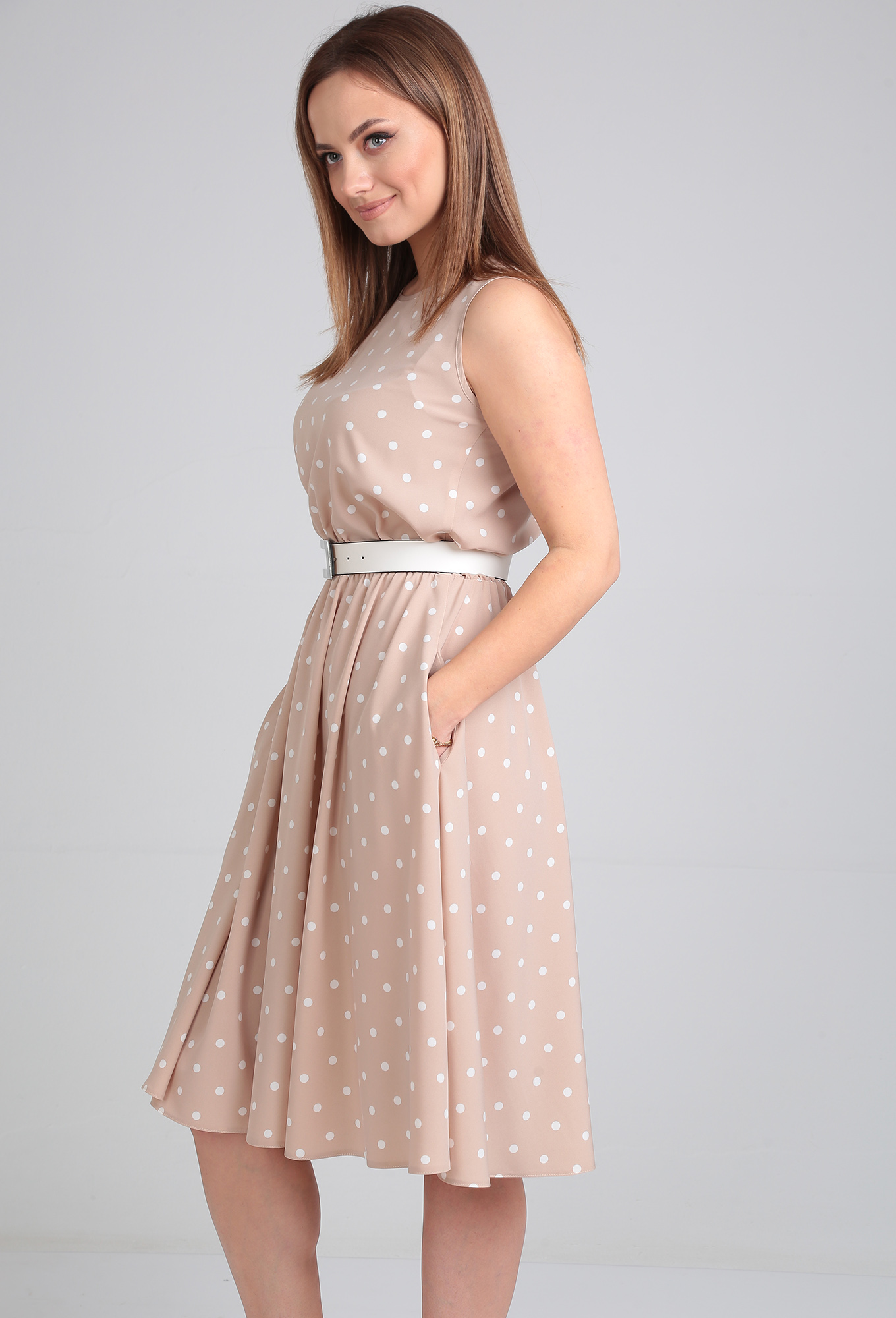 ст. цена1999руб.! Платье Lady Line 544 бежевый горох