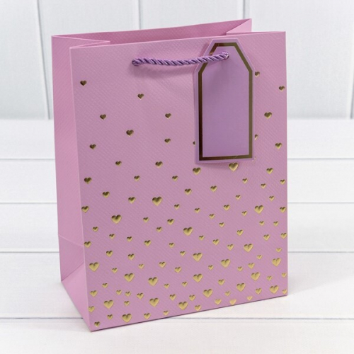 Подарочный пакет люкс бумажный с тиснением 26*32*12 см Сердечки светло-пурпурный 445476