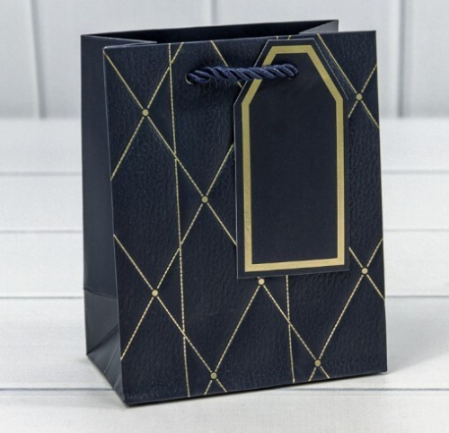 Подарочный пакет люкс бумажный с тиснением 12*15*7 см Ромбы и линии синий 441363