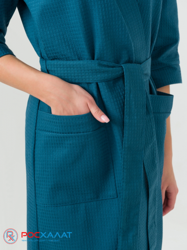 Женский укороченный вафельный халат с планкой темно-бирюзовый В-01 (23)