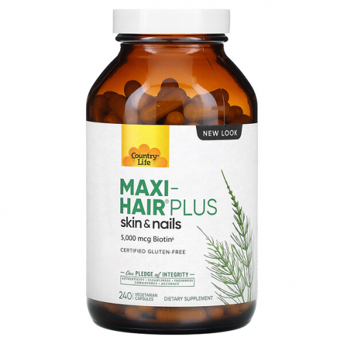 Country Life, Maxi-Hair Plus, 5000 мкг, вегетарианские капсулы (1250 мкг в 1 капсуле)