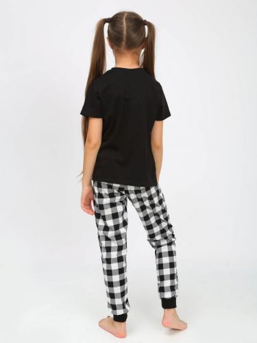 91240 Пижама для девочки (футболка, брюки) черный/черная клетка