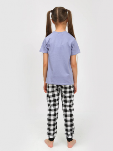 91240 Пижама для девочки (футболка, брюки) голубой/черная клетка