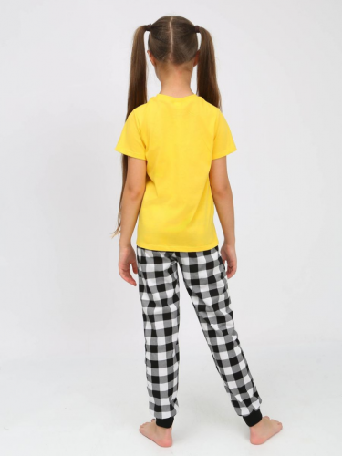 91240 Пижама для девочки (футболка, брюки) желтый/черная клетка