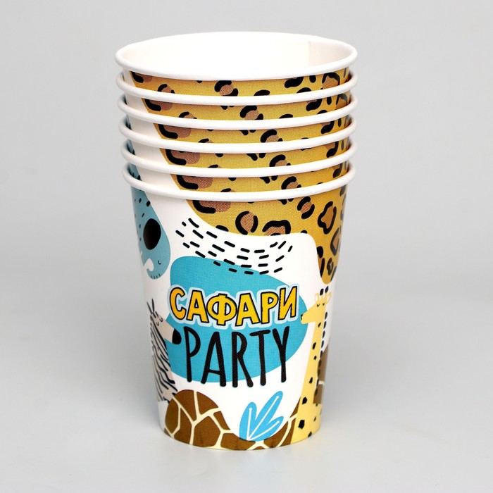 Посуда одноразовая бумажная для праздника «Сафари Party», набор, 6 тарелок, 6 стаканов, 6 колпаков, гирлянда