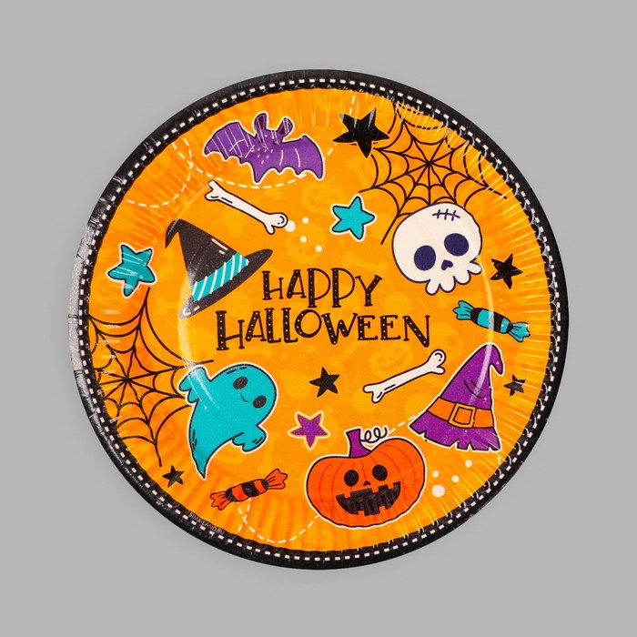 Тарелка одноразовая бумажная Happy Halloween, 18 см, набор 6 шт, на Хэллоуин