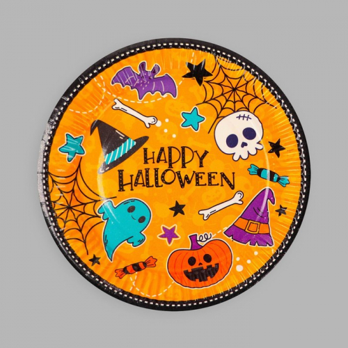 Тарелка одноразовая бумажная Happy Halloween, 18 см, набор 6 шт, на Хэллоуин
