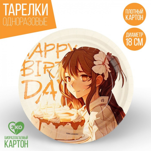 Тарелка бумажная Happy Birthday, аниме, 18 см