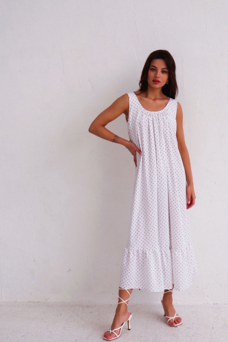 9486 Платье Мальдивы для пляжа и фотосъёмки белое в горошек