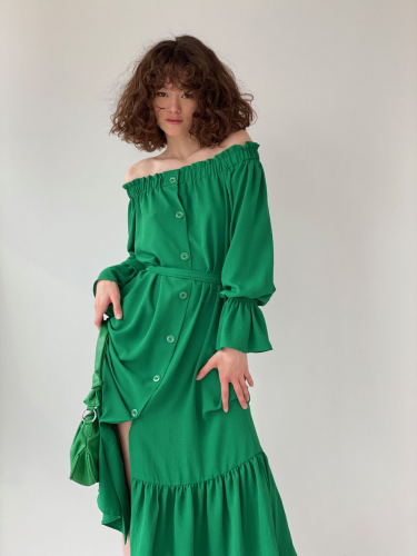6133 Длинное платье с открытыми плечами зелёное (остаток: 42)