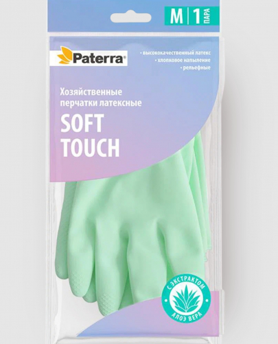 Перчатки хоз., латекс, SOFT TOUCH, экстракт алоэ, хлопк. напыление, р-р .M, PATERRA /24