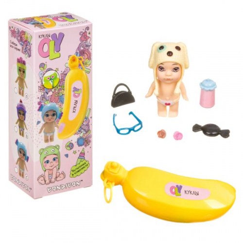 Набор игровой Bondibon куколка OLY в шапочке-ушанке с животным и аксессуарами в банане, ВОХ 15х6,6х1