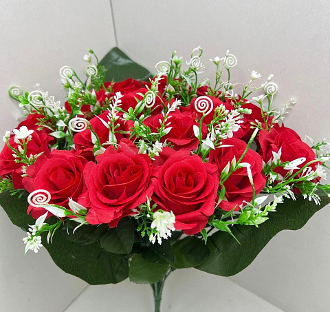 Цветы искусственные декоративные букет роз 18 бутонов, крупные листья+зелень