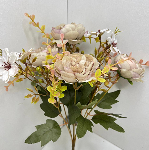 Цветы искусственные декоративные букет пионов 4шт+3 василька 30см