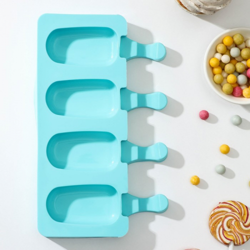 Форма для мороженого Доляна «Эскимо малое», силикон, 21,5×12,5×2 см, 4 ячейки (7×3,8 см), цвет МИКС