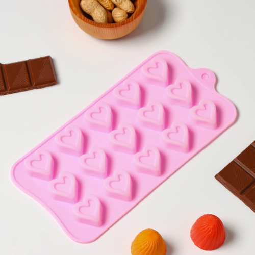 Форма для шоколада Доляна «Сердечко», силикон, 21×10 см, 15 ячеек (2,7×2,8 см), цвет МИКС