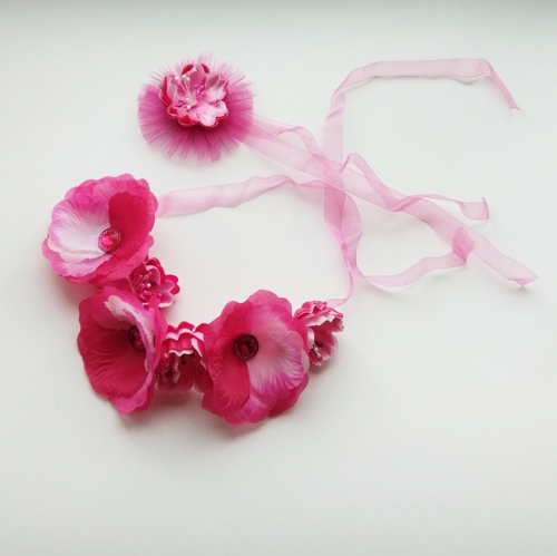 Украшение цветы фуксия на лентах в комплекте с браслетом на лентах