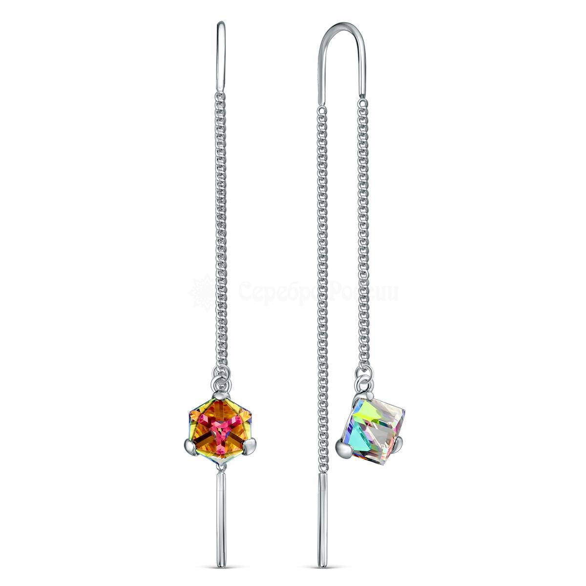 Серьги-продёвки из серебра с кристаллами Swarovski зелёный мистик родированные 0063с-001VM