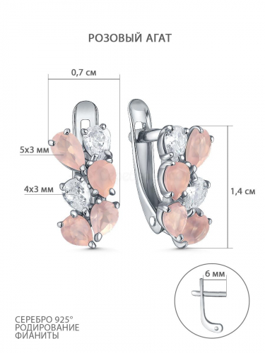 Серьги из серебра с розовым агатом и фианитами родированные С-229