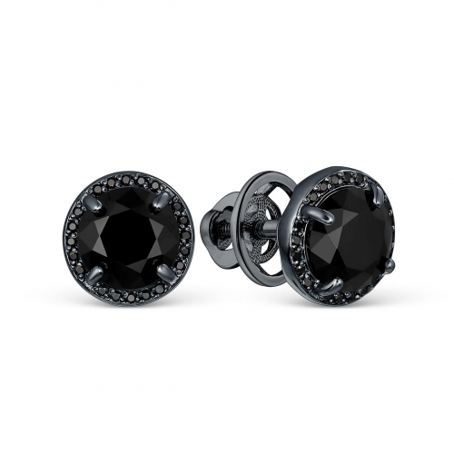 Серьги-пусеты круглые из серебра с чёрной шпинелью и чёрным родированием