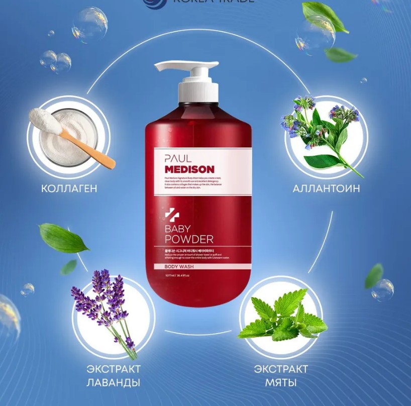 PAUL MEDISON Signature Body Wash Baby Powder Гель для душа с коллагеном и ароматом детской присыпки 1077мл