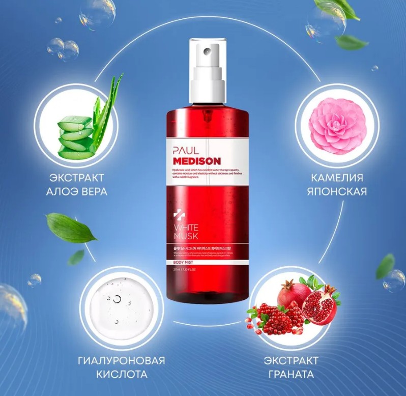 PAUL MEDISON Signature Body Mist Wthite Musk Увлажняющий мист для тела с гиалуроновой кислотой и ароматом белого мускуса 211мл