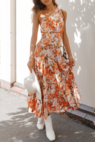 Оранжевое платье-макси с цветочным принтом на одно плечо