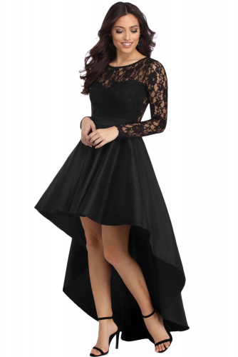 Черное вечернее платье с кружевным верхом и удлиненной сзади юбкой со шлейфом