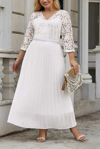 Белое плиссированное платье-макси с кружевом плюс сайз