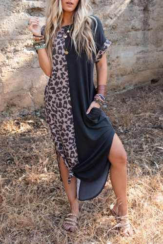 Черное леопардовое платье-макси в стиле колорблок