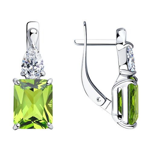 92021414 - Серьги из серебра с зелеными ситаллами и фианитами