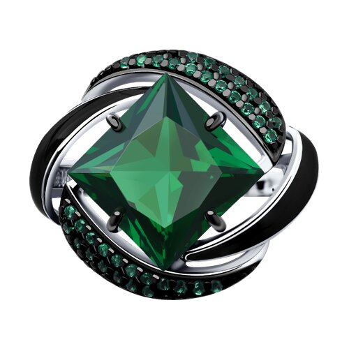 92011302 - Кольцо из серебра с эмалью с зелёным ситаллом и зелеными фианитами