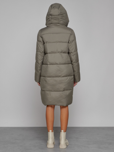 Пальто утепленное с капюшоном зимнее женское цвета хаки 51155Kh