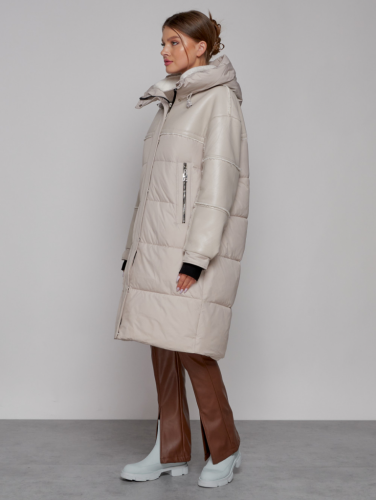 Пальто утепленное молодежное зимнее женское бежевого цвета 51131B