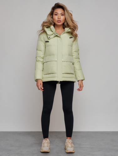 Зимняя женская куртка модная с капюшоном салатового цвета 52303Sl