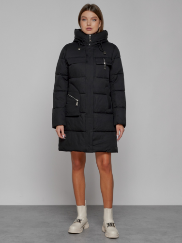 Пальто утепленное с капюшоном зимнее женское черного цвета 52429Ch