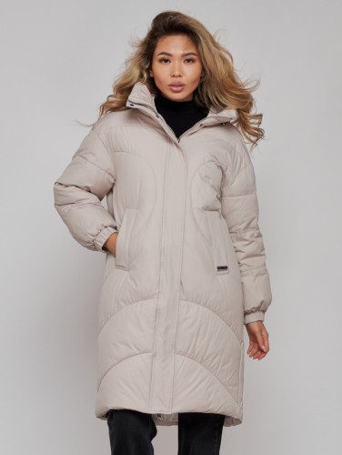 Пальто утепленное молодежное зимнее женское бежевого цвета 52323B