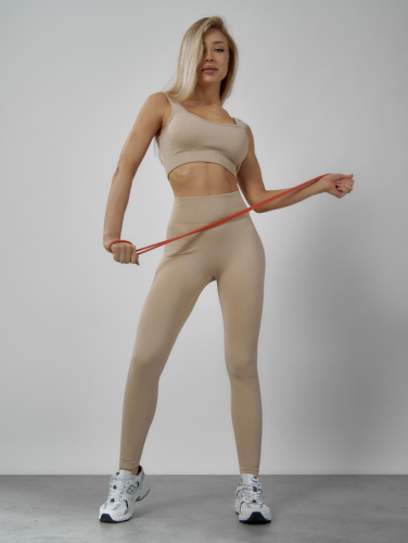 Спортивный костюм для фитнеса женский бежевого цвета 20006B