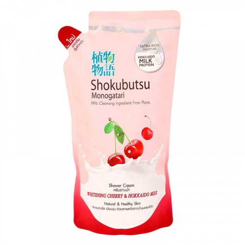 Крем-гель для душа Вишня и Молочко Хоккайдо Shokubutsu Monogatari Whitening Cherry Hokkaido Milk Shower Cream, CJ LION 500 мл (запаска)