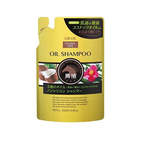 Шампунь для сухих волос с тремя видами масел (лошадиное, кокосовое и масло камелии) Deve Natural Oil Shampoo, без силикона, для поврежденных и сухих волос, KUMANO  400 мл (сменная упаковка)