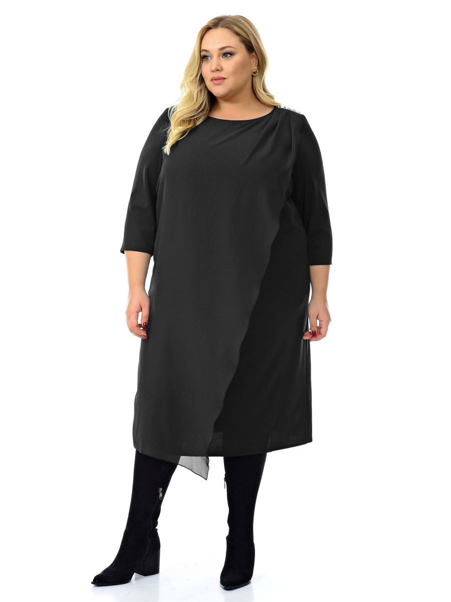 Платье из крепа и шифона, с украшением, черное