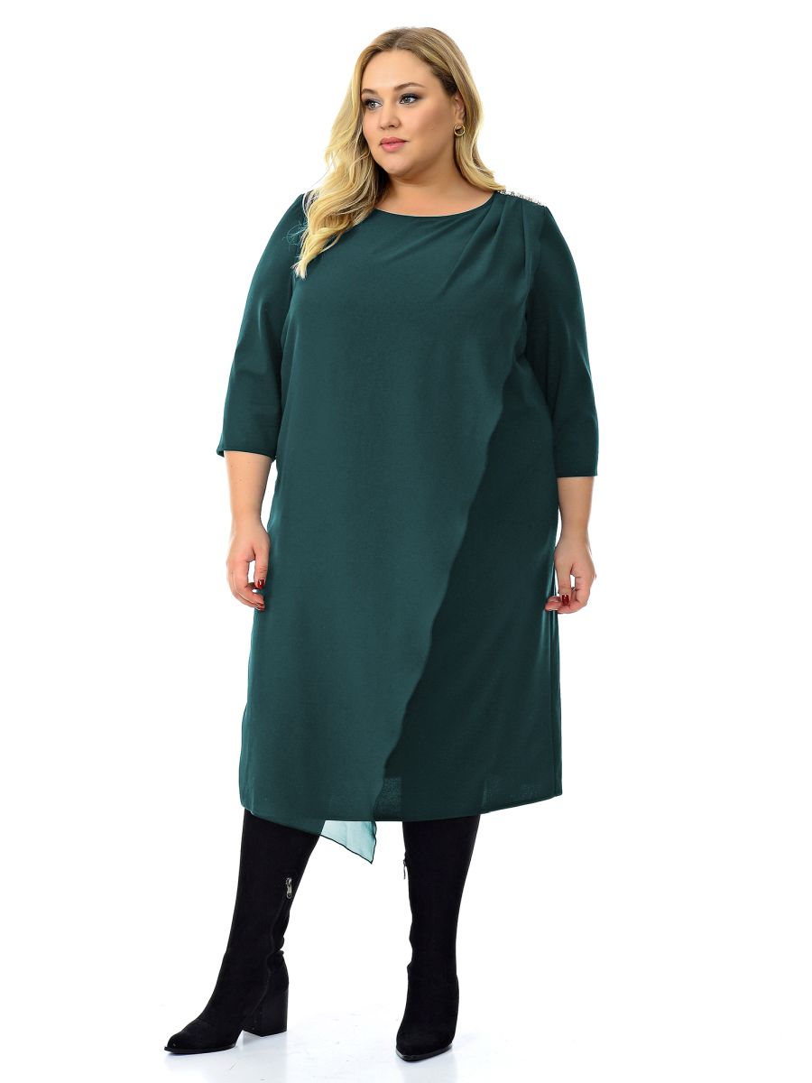 Платье из крепа и шифона, с украшением, изумрудное