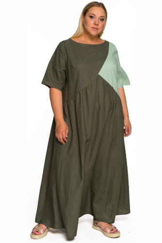 Платье из льна, комбинированное , хаки