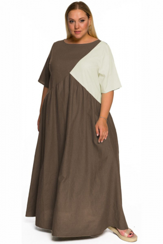 Платье из льна, комбинированное , мокко