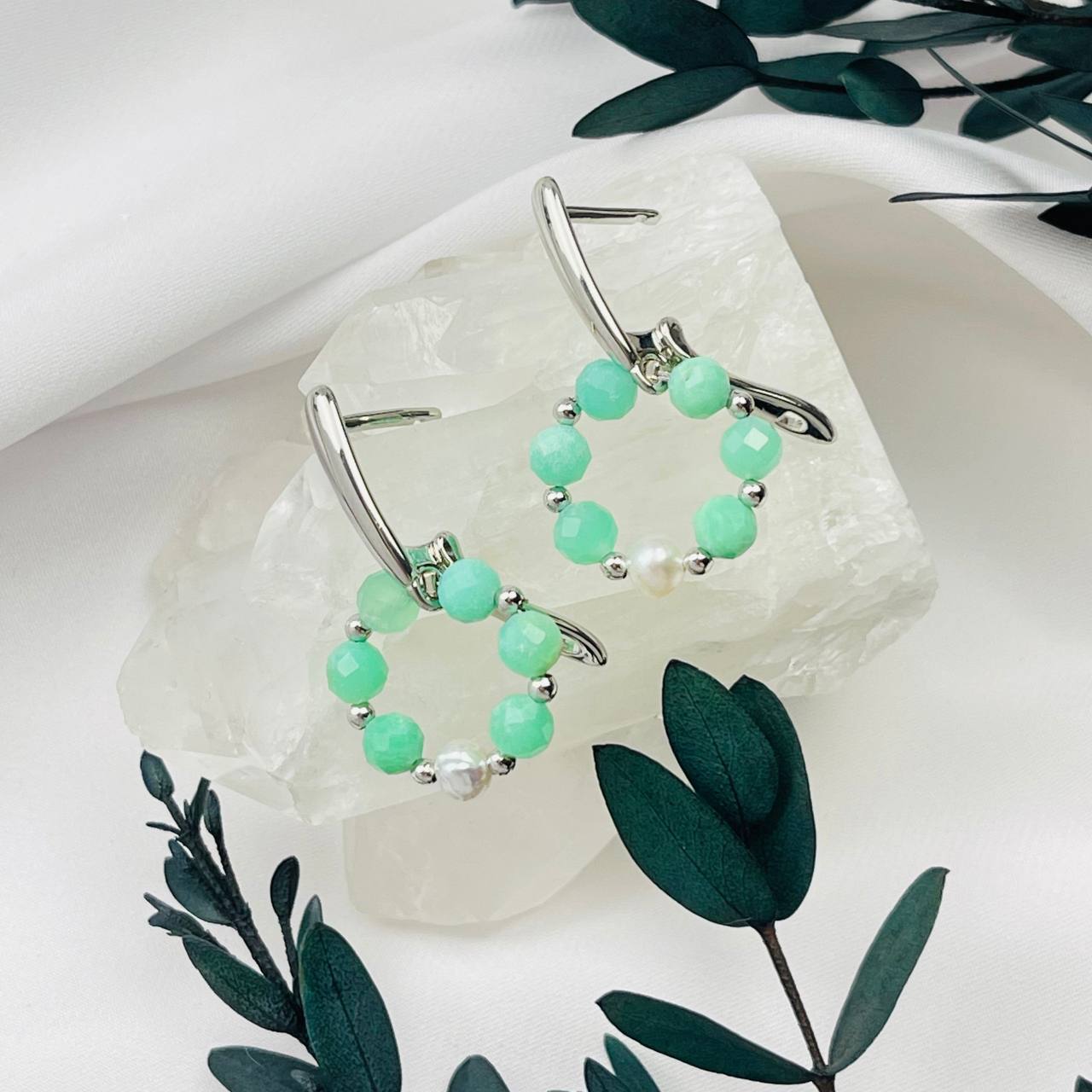 Радуга Самоцветов Серьги из Хризопраза и Жемчуга