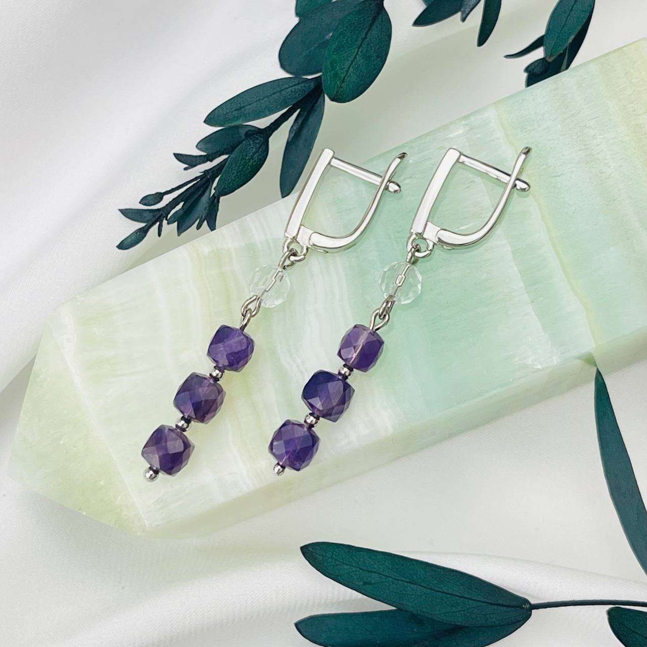 Радуга Самоцветов Серьги длинные из Аметиста и Горного Хрусталя