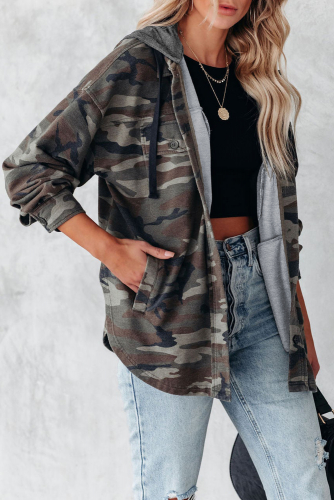 Green Camo Print Button up Hooded Jacket
