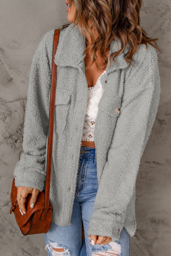 Gray Flap Pockets Button Front Teddy Coat