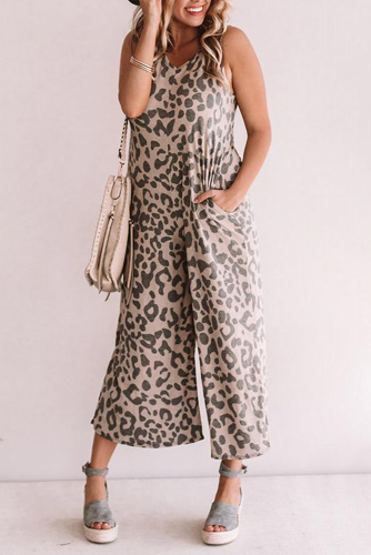 Леопардовый комбинезон-капри с широкими штанинами и карманами