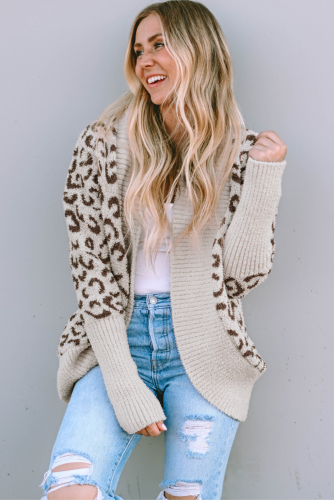 Khaki Fuzzy Leopard Ribbed Trim Lapel Collar Cardigan